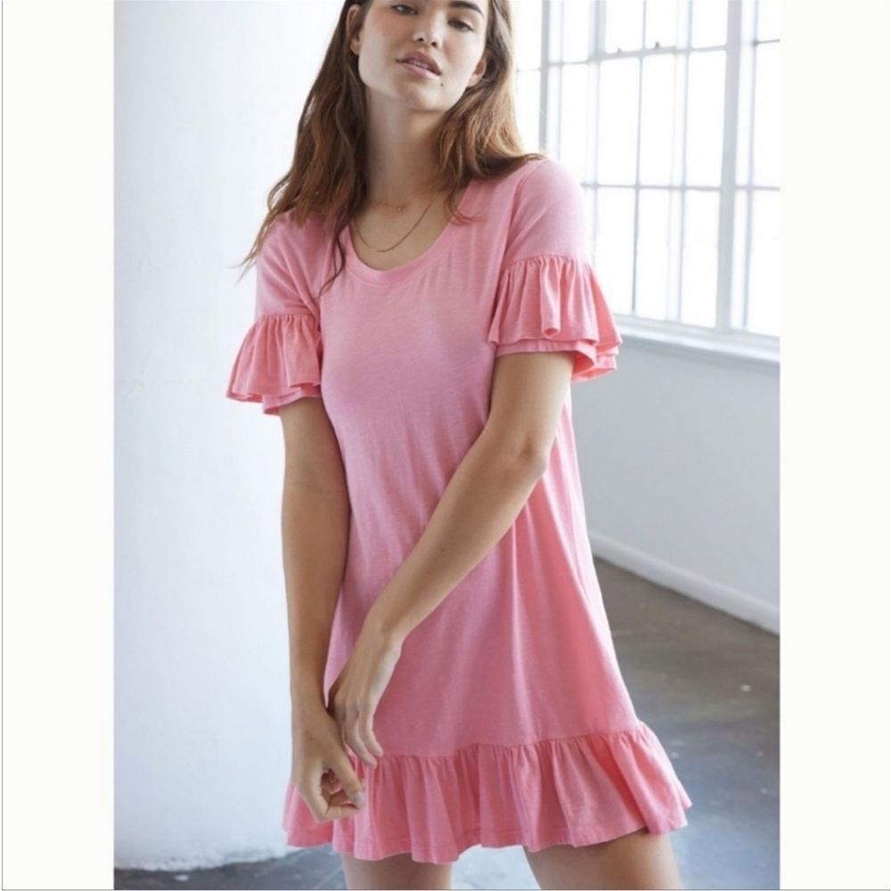 Sundry Casiano T Shirt Dress Ruffle Sleeve‎ Pullover Crew Neck Solid Pink Size S
